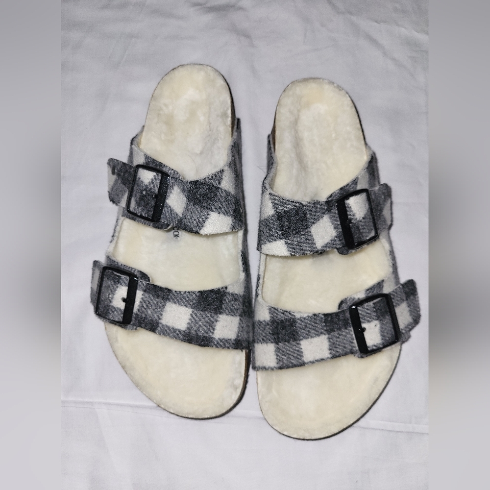 Birkenstock Black and White Fleece Sandals